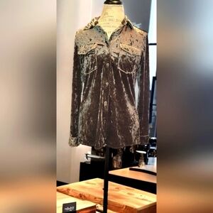 Crushed Velvet Long Sleeve Button-down with Lace up Tie in Back